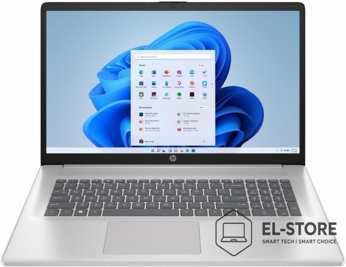 Widok z przodu na laptop HP 17-CP3114NW – klawiatura pełnowymiarowa, duży ekran Full HD, system Windows 11, laptop dla nauczyciela z bonem 2500 zł | El-Store Polska